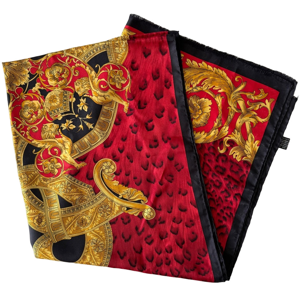 Atelier Versace Silk Scarf Baroque Gold, Red, Black, 68” – Made in Italy